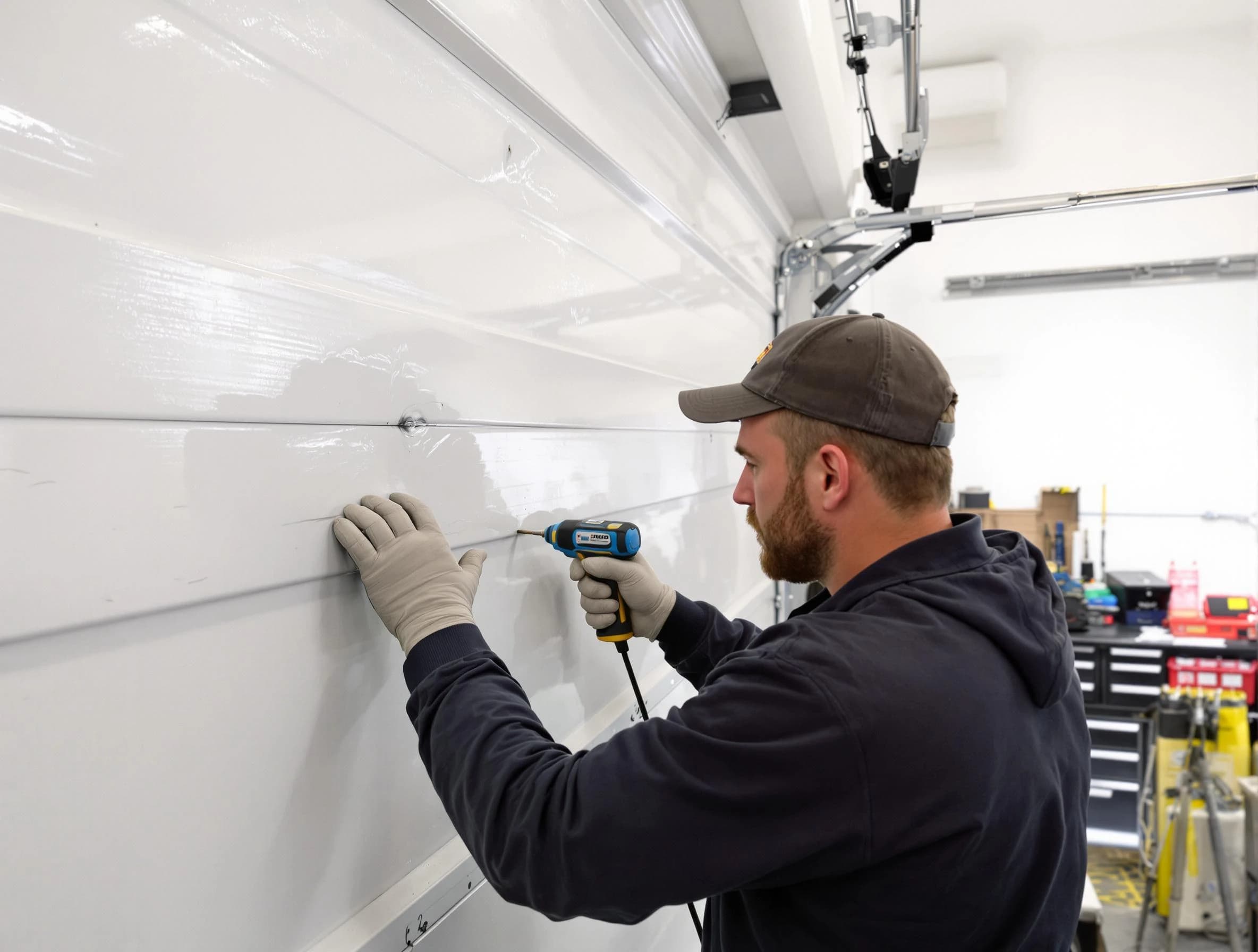 Chelsea Garage Door Repair technician demonstrating precision dent removal techniques on a Chelsea garage door